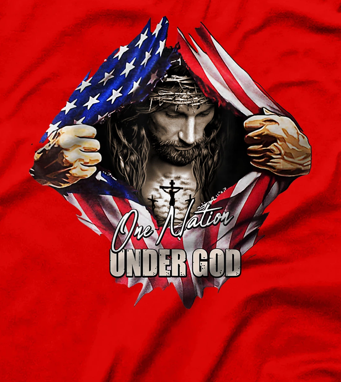 One Nation Under God Jesus Art US Flag Christian Men Women T-Shirt