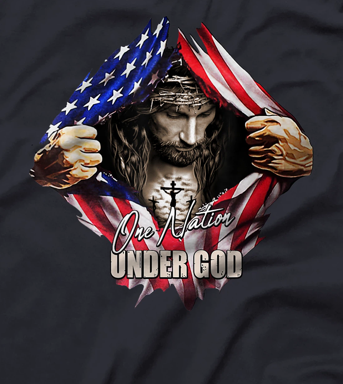 One Nation Under God Jesus Art US Flag Christian Men Women T-Shirt