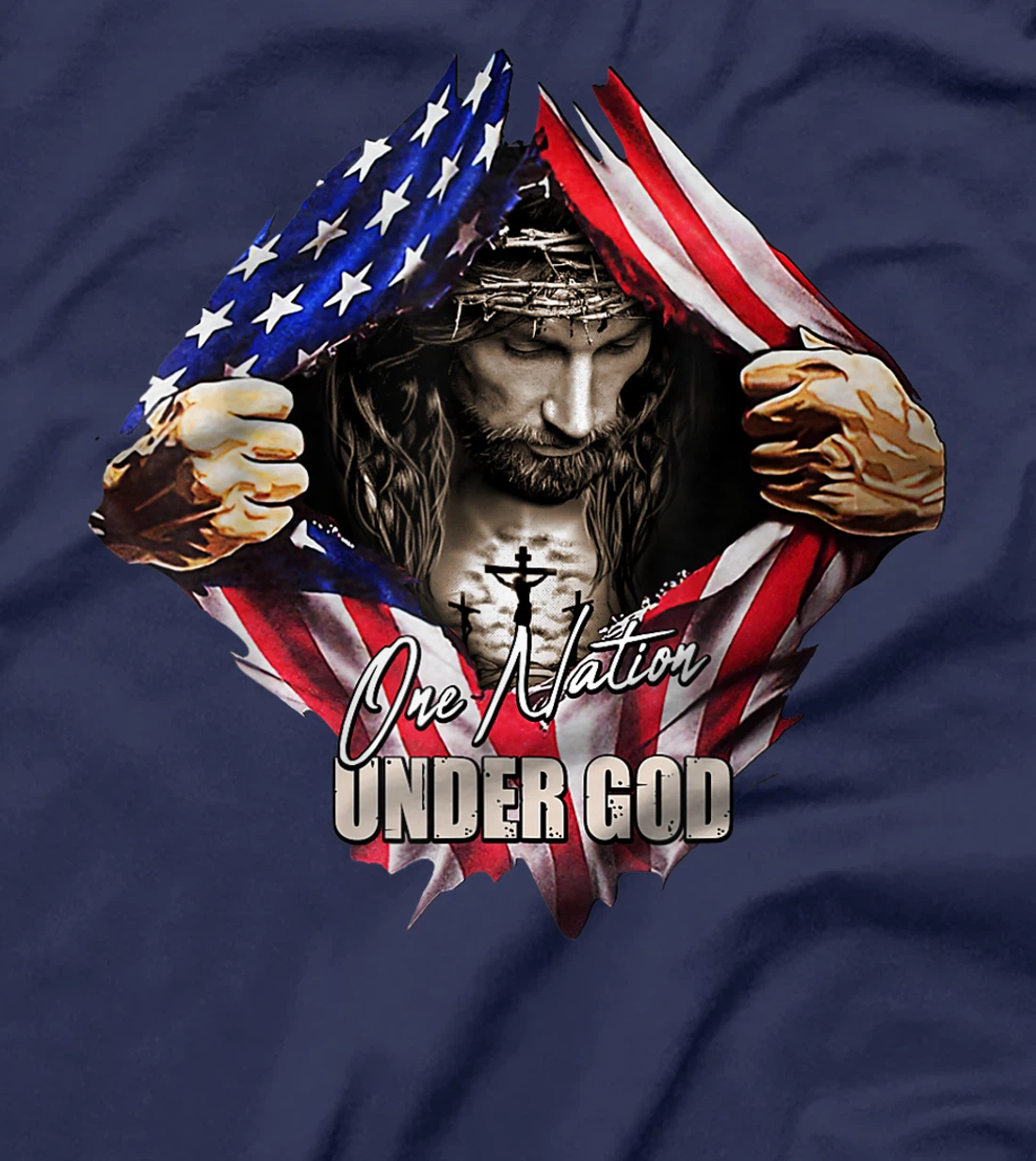 One Nation Under God Jesus Art US Flag Christian Men Women T-Shirt