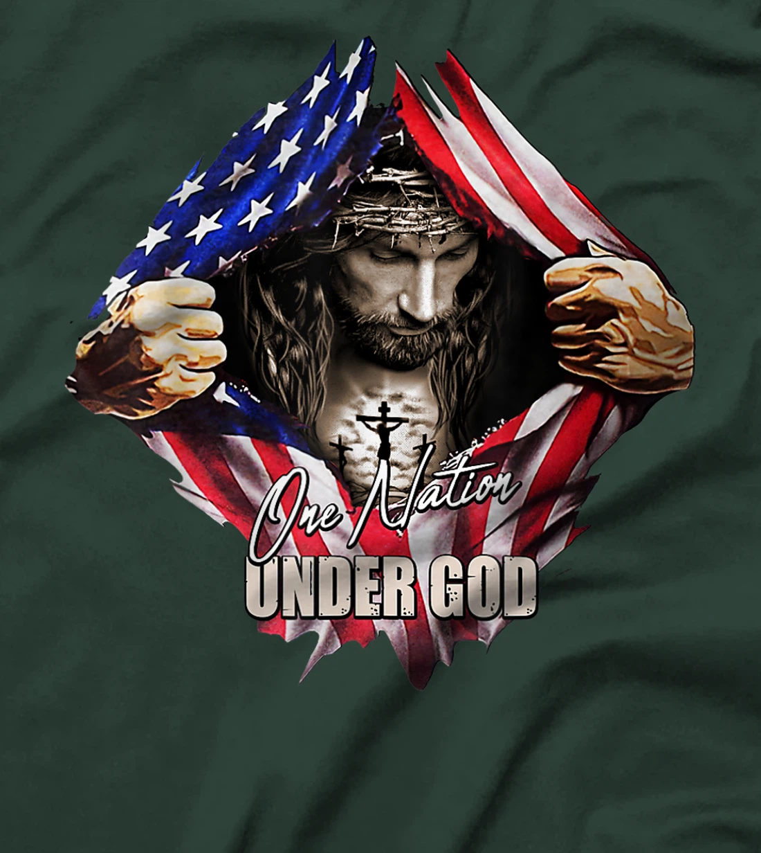 One Nation Under God Jesus Art US Flag Christian Men Women T-Shirt