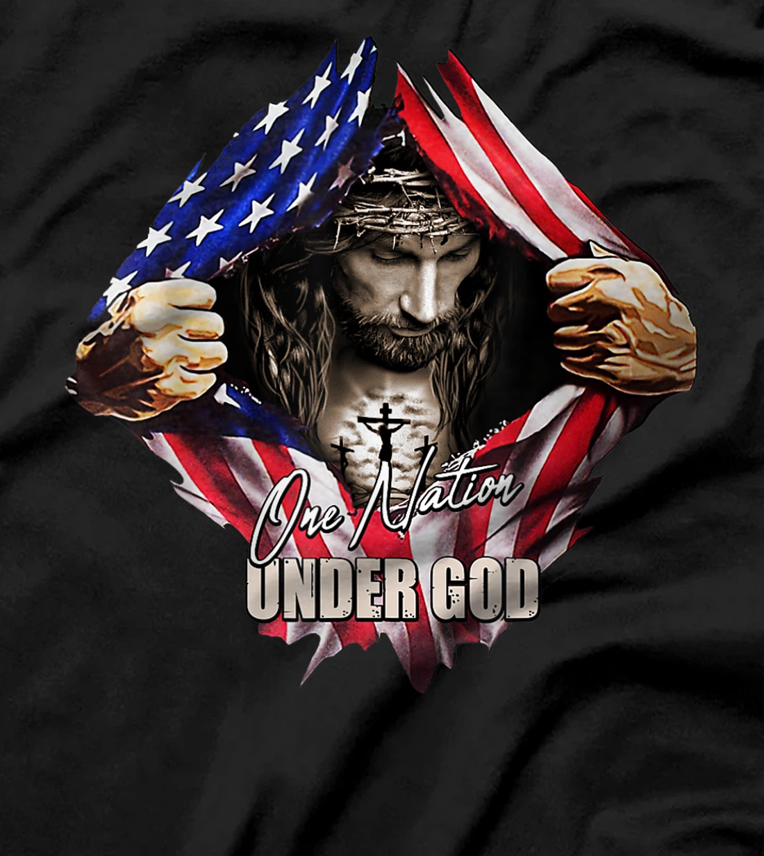 One Nation Under God Jesus Art US Flag Christian Men Women T-Shirt