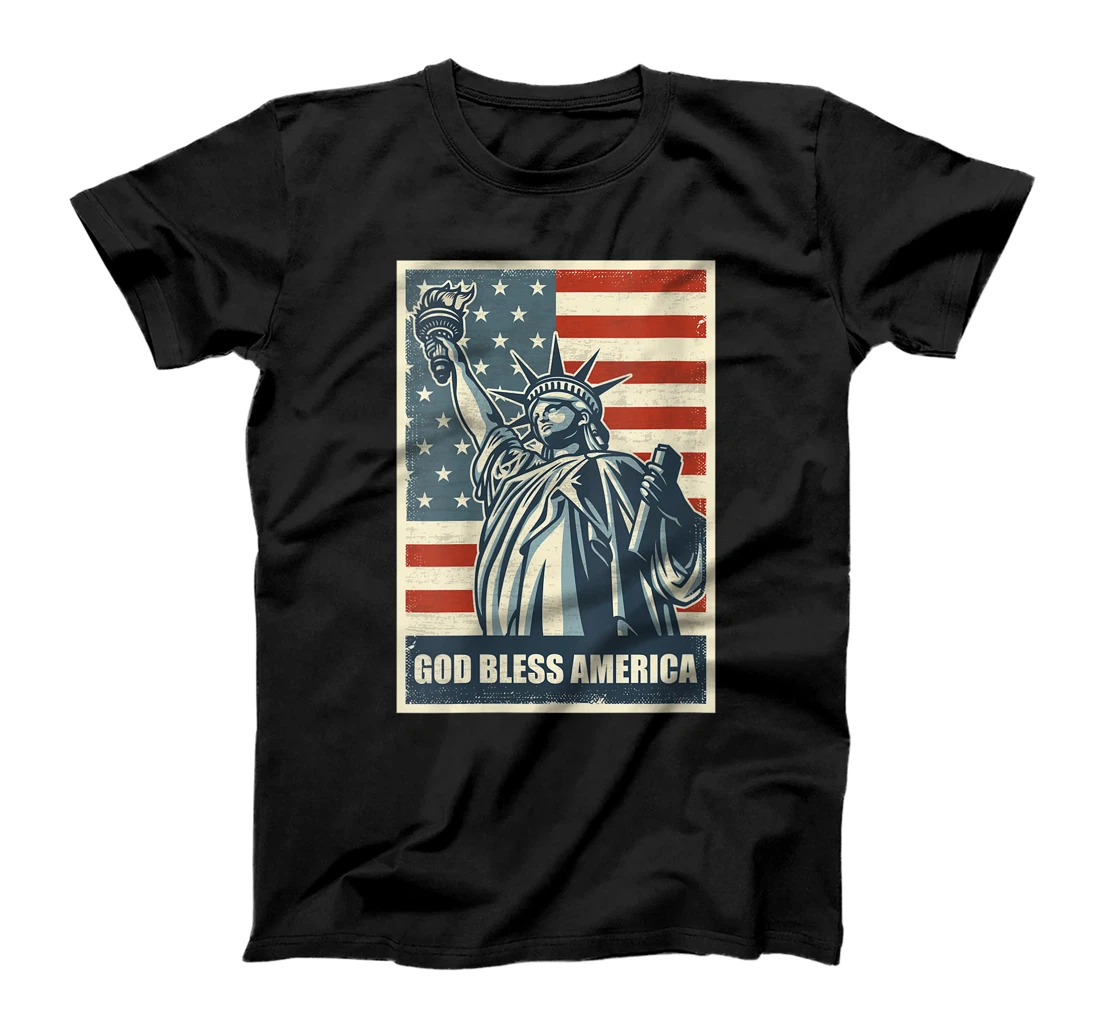 Womens Statue Of Liberty God Bless America 4th Of July USA Flag T-Shirt