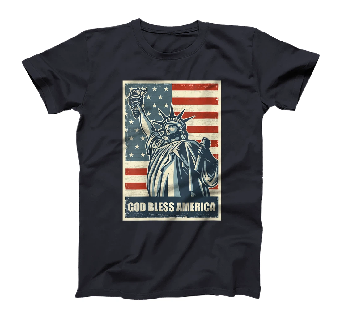 Womens Statue Of Liberty God Bless America 4th Of July USA Flag T-Shirt