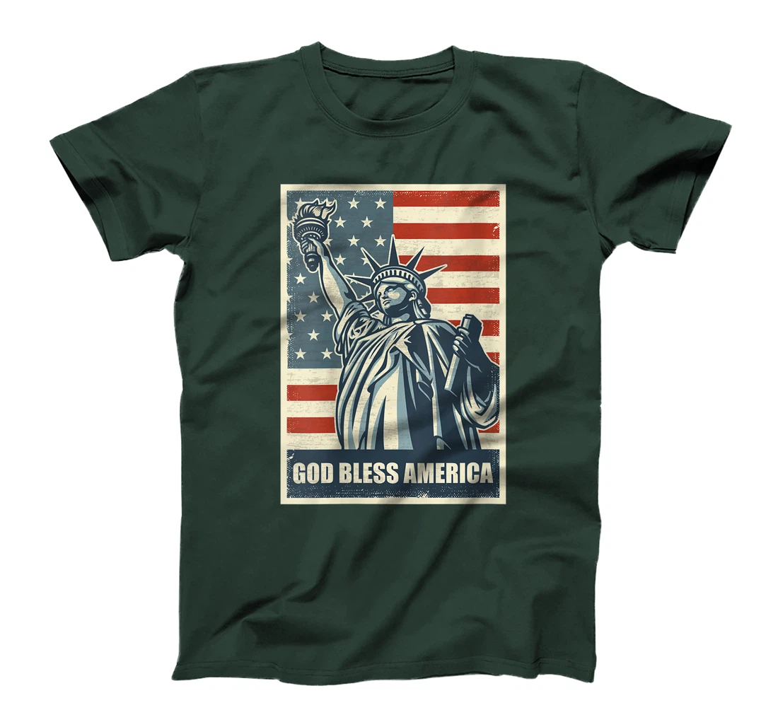Womens Statue Of Liberty God Bless America 4th Of July USA Flag T-Shirt