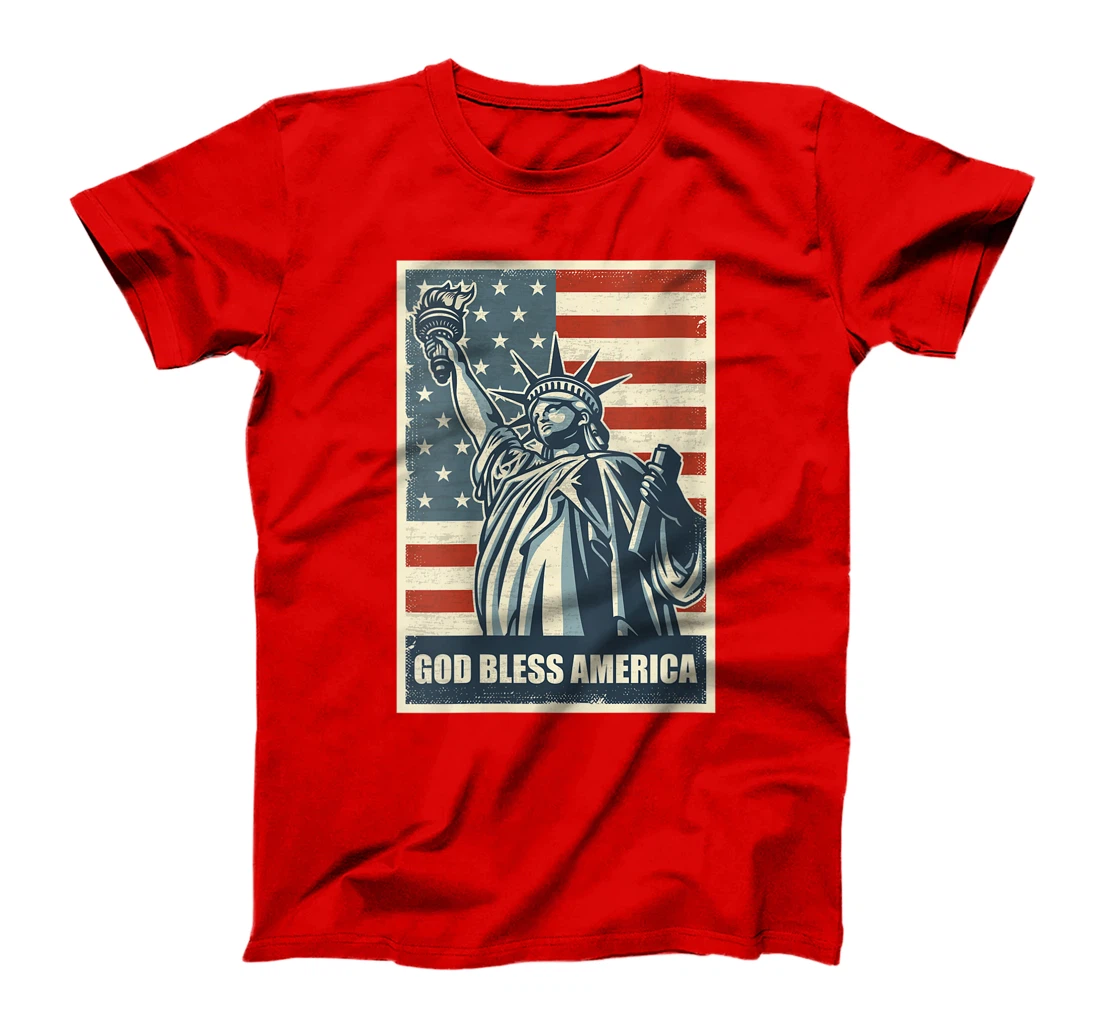Womens Statue Of Liberty God Bless America 4th Of July USA Flag T-Shirt