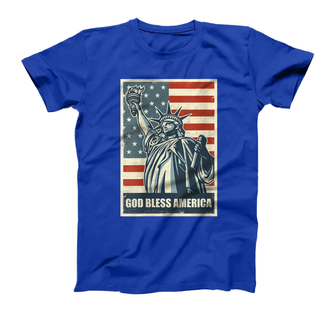Womens Statue Of Liberty God Bless America 4th Of July USA Flag T-Shirt