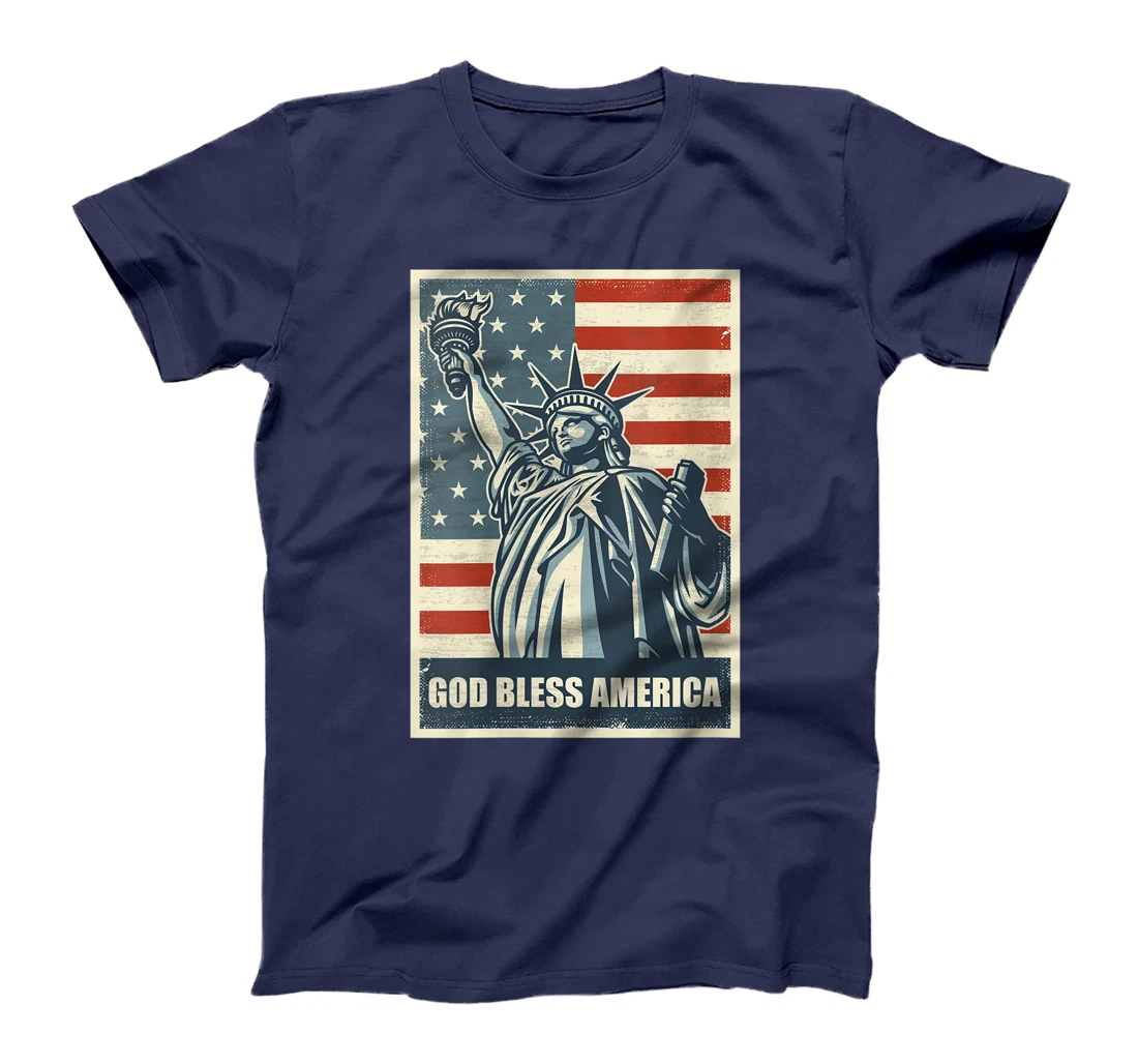 Womens Statue Of Liberty God Bless America 4th Of July USA Flag T-Shirt