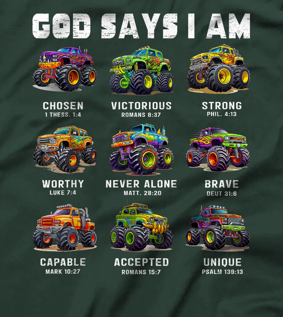 God Says I Am Monster Truck Toddler Kids Bible Verse T-Shirt