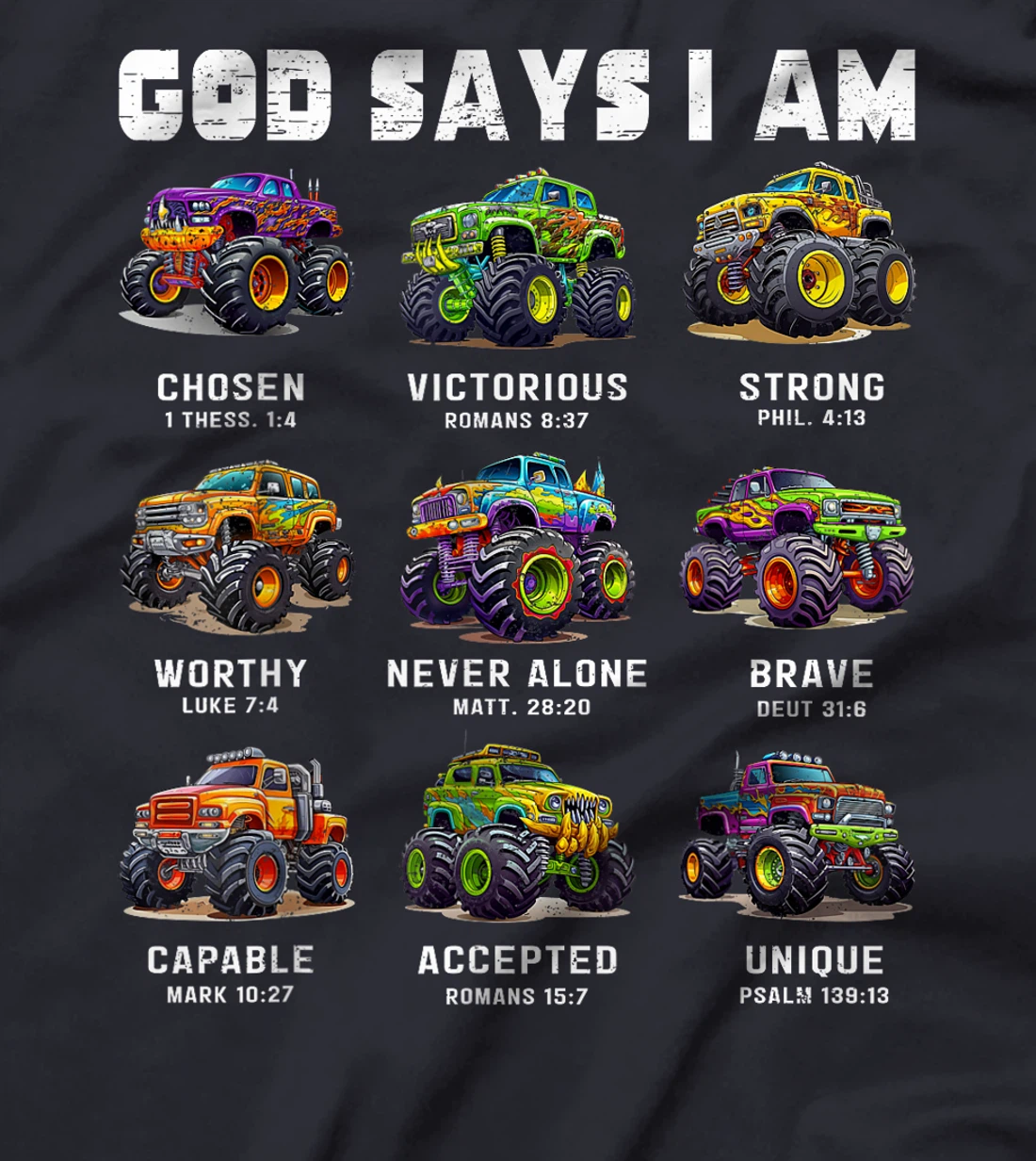 God Says I Am Monster Truck Toddler Kids Bible Verse T-Shirt