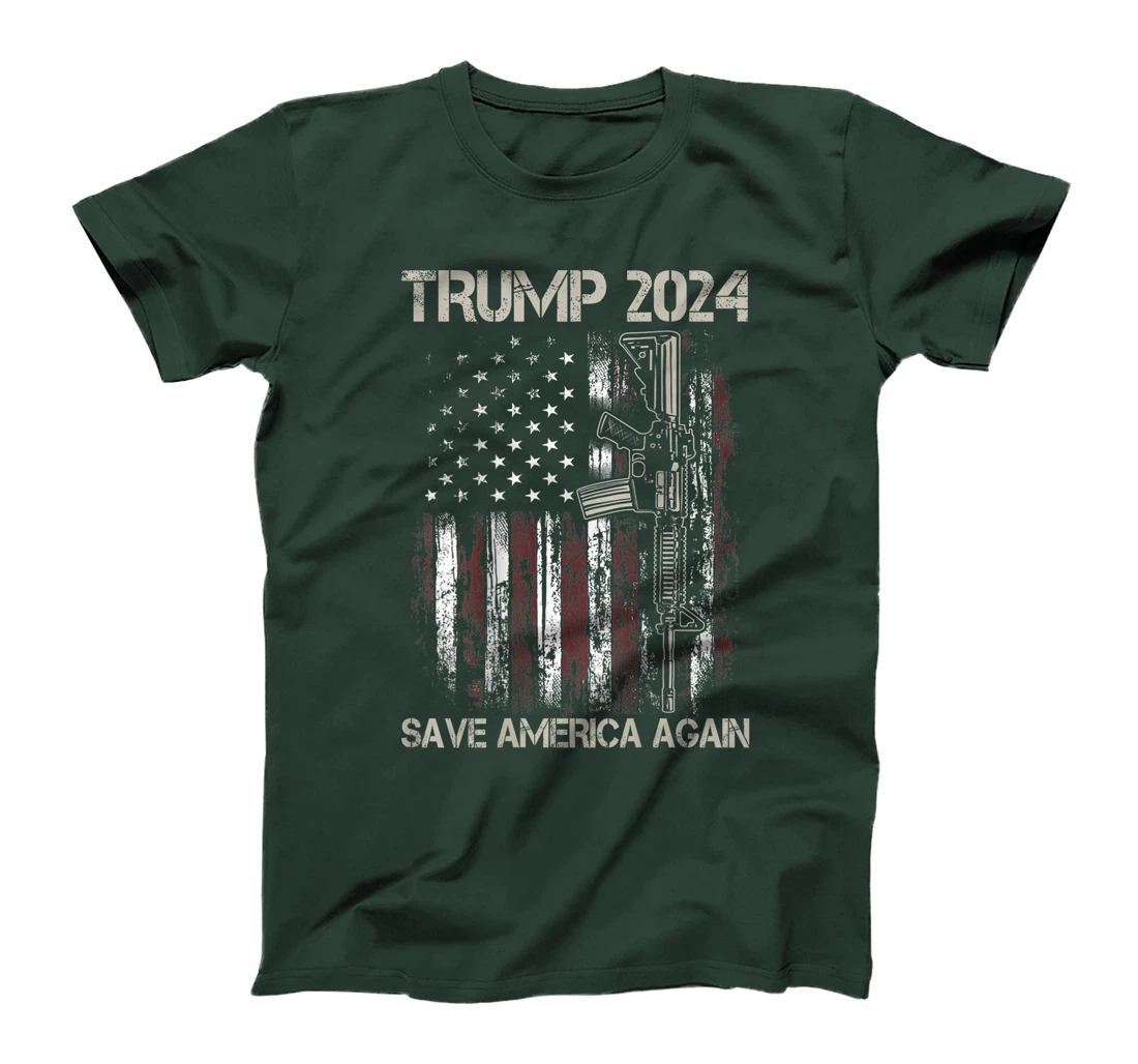 Trump 2024 Save America Again American Flag Gun (On Back) T-Shirt