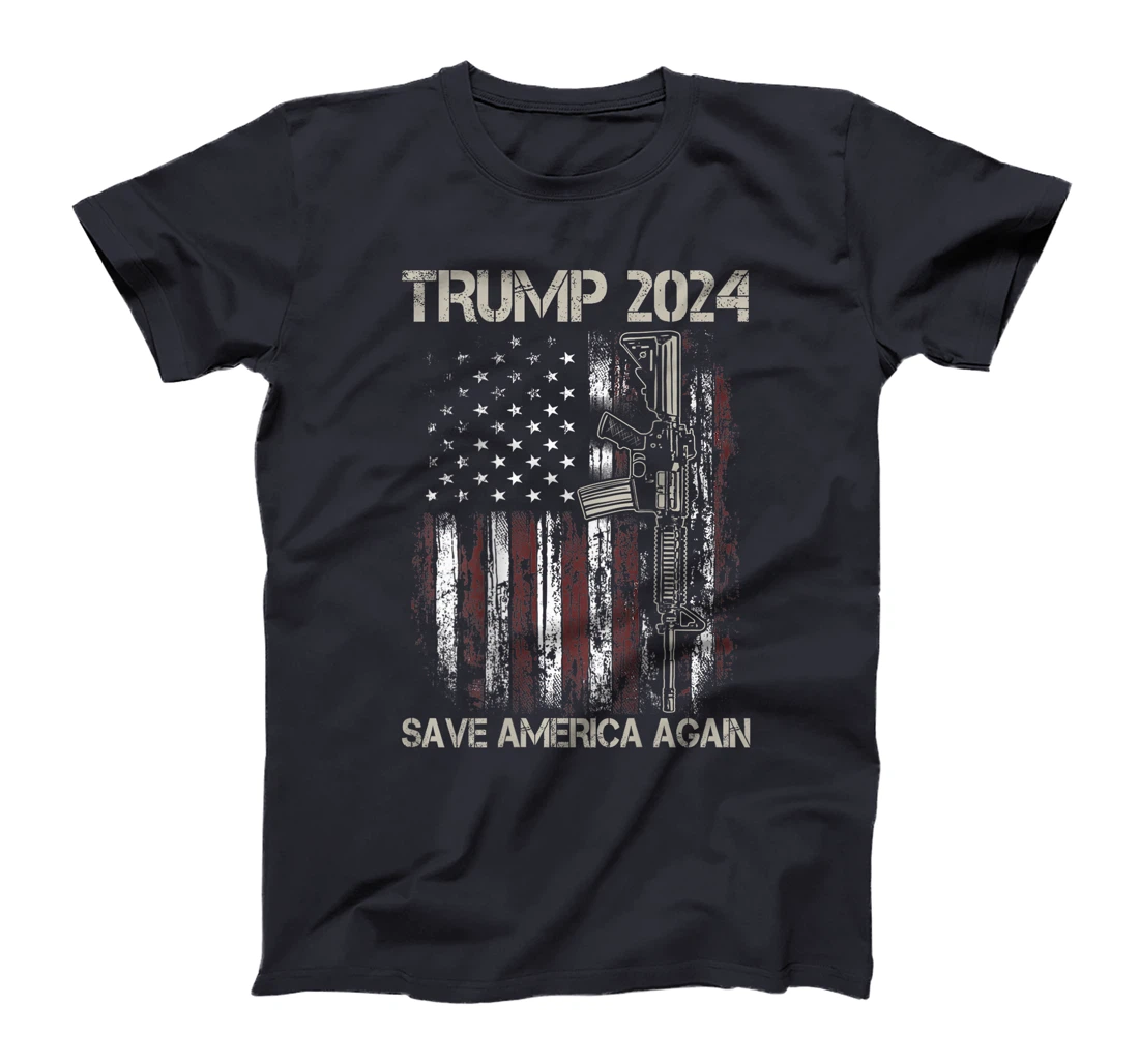Trump 2024 Save America Again American Flag Gun (On Back) T-Shirt