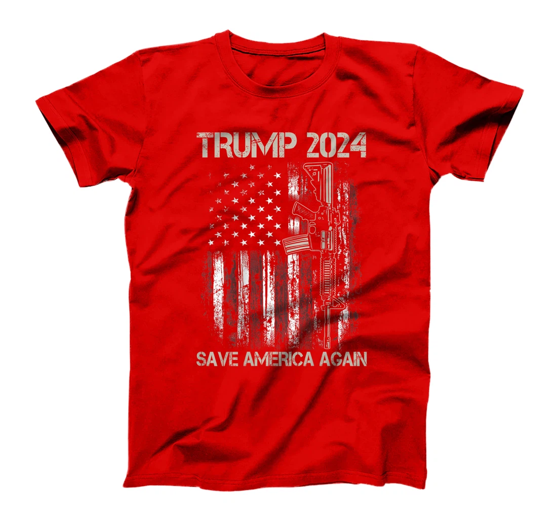 Trump 2024 Save America Again American Flag Gun (On Back) T-Shirt