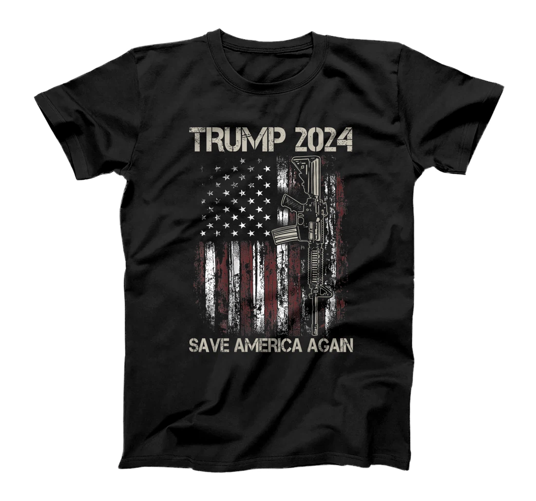 Trump 2024 Save America Again American Flag Gun (On Back) T-Shirt
