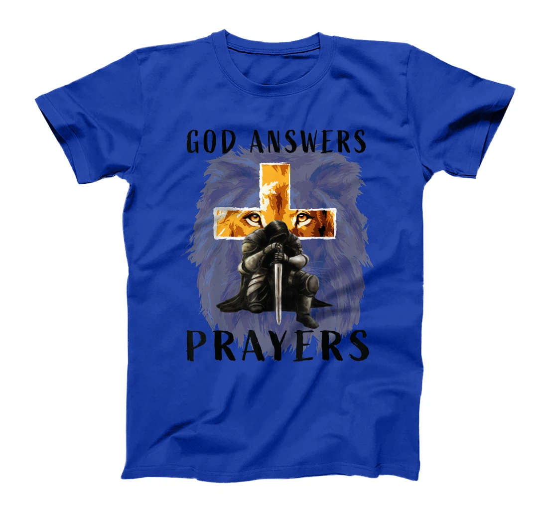 God Answers Prayers Warrior Men Christian Cross Lion Graphic T-Shirt