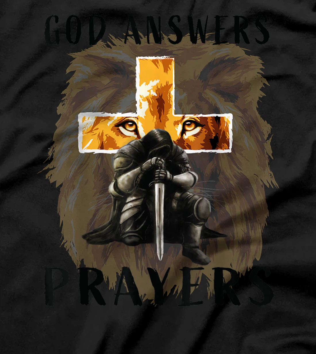 God Answers Prayers Warrior Men Christian Cross Lion Graphic T-Shirt