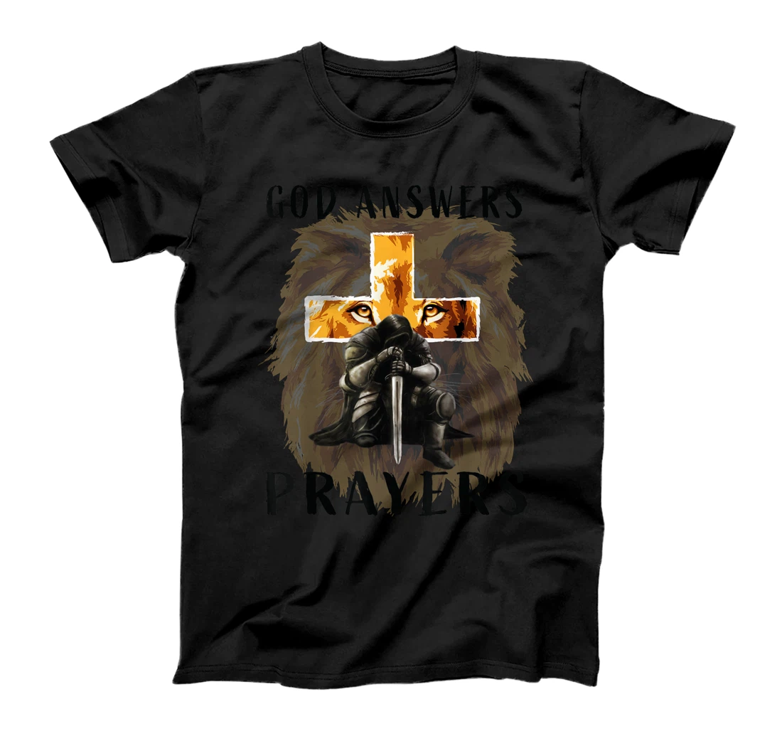 God Answers Prayers Warrior Men Christian Cross Lion Graphic T-Shirt