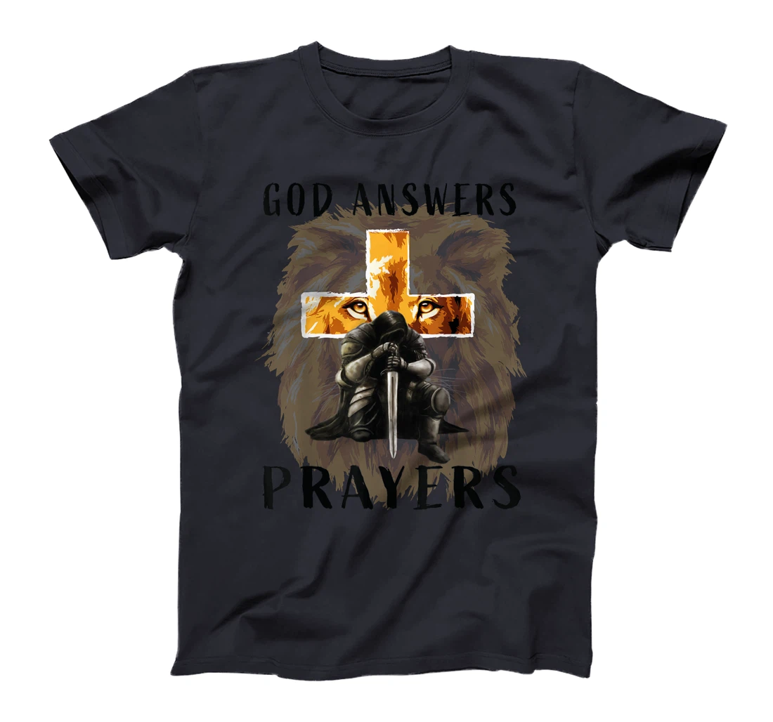 God Answers Prayers Warrior Men Christian Cross Lion Graphic T-Shirt