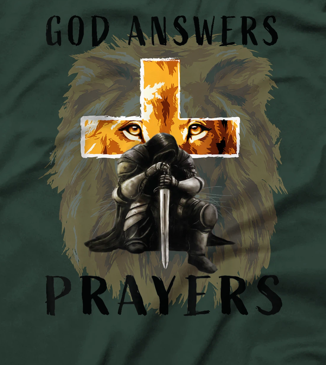 God Answers Prayers Warrior Men Christian Cross Lion Graphic T-Shirt