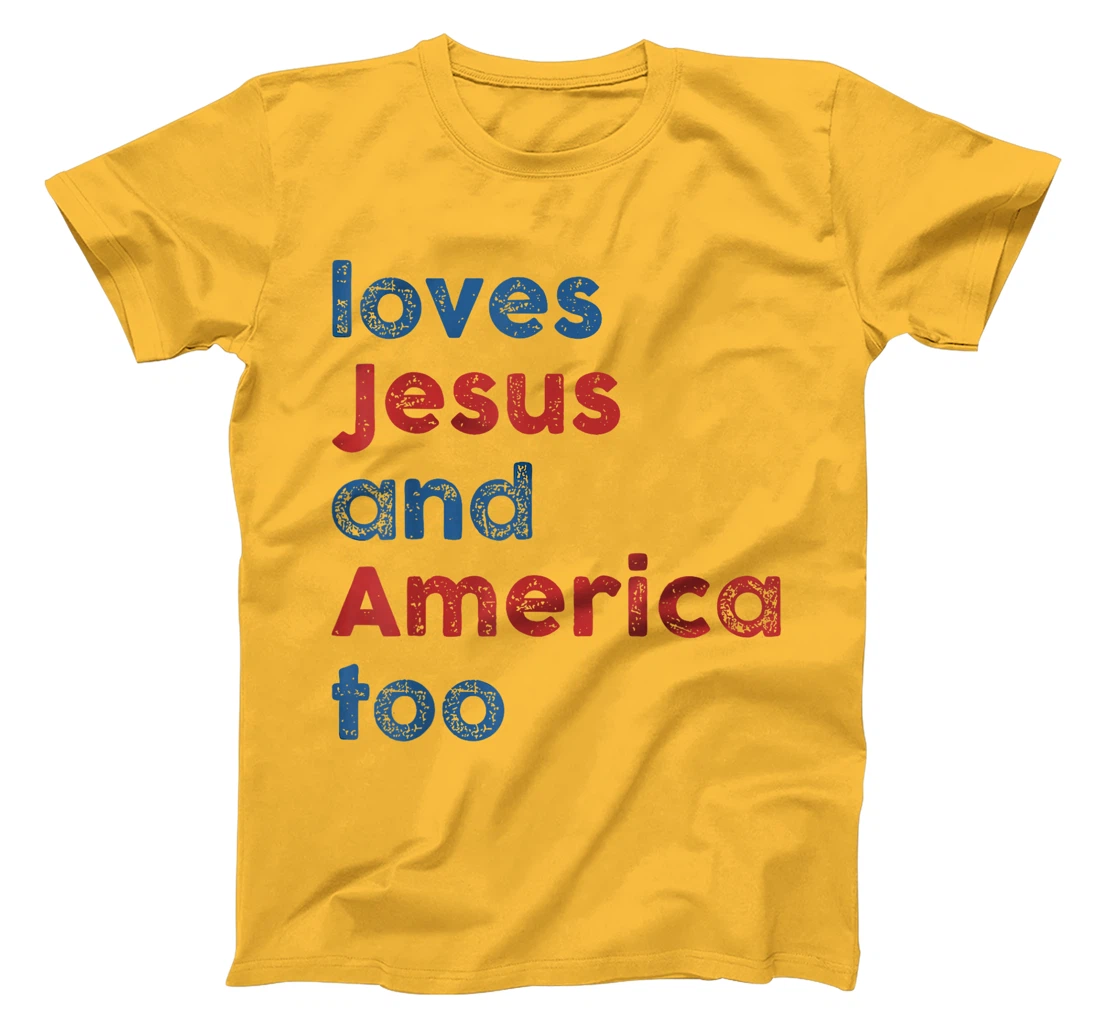 Womens Retro Loves Jesus and America Too God Christian 4th of July T-Shirt