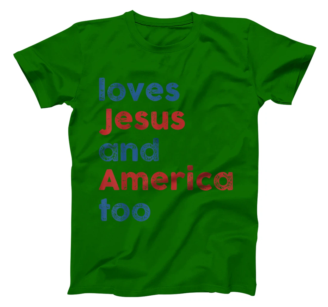 Womens Retro Loves Jesus and America Too God Christian 4th of July T-Shirt
