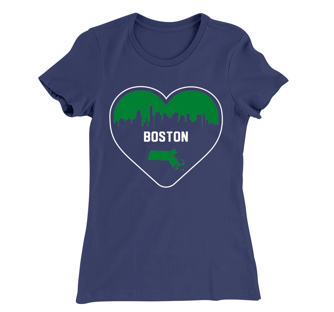 Cute Love Boston Cityscape Green Skyline Heart Design T-Shirt, Kid T-Shirt and Women T-Shirt