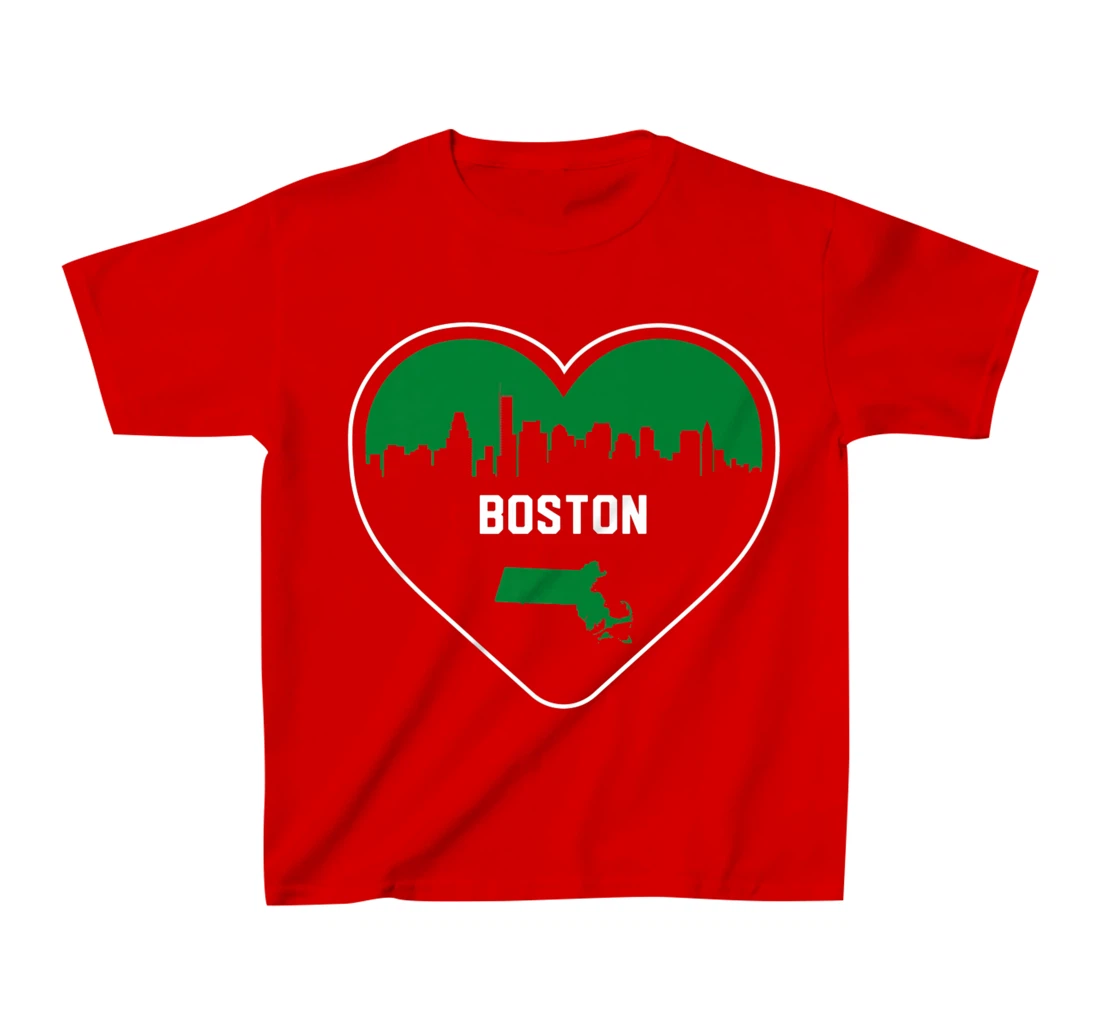 Cute Love Boston Cityscape Green Skyline Heart Design T-Shirt, Kid T-Shirt and Women T-Shirt