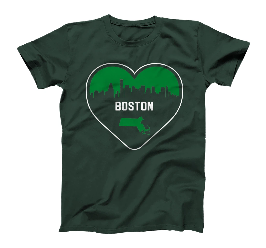 Cute Love Boston Cityscape Green Skyline Heart Design T-Shirt, Kid T-Shirt and Women T-Shirt