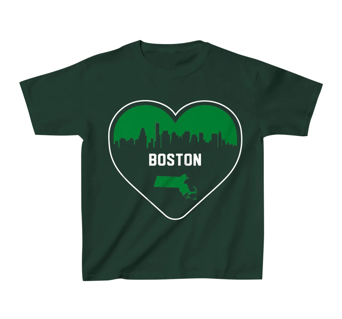 Cute Love Boston Cityscape Green Skyline Heart Design T-Shirt, Kid T-Shirt and Women T-Shirt