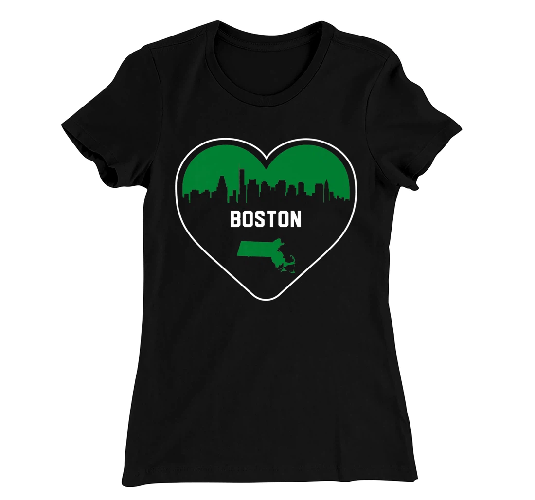 Cute Love Boston Cityscape Green Skyline Heart Design T-Shirt, Kid T-Shirt and Women T-Shirt