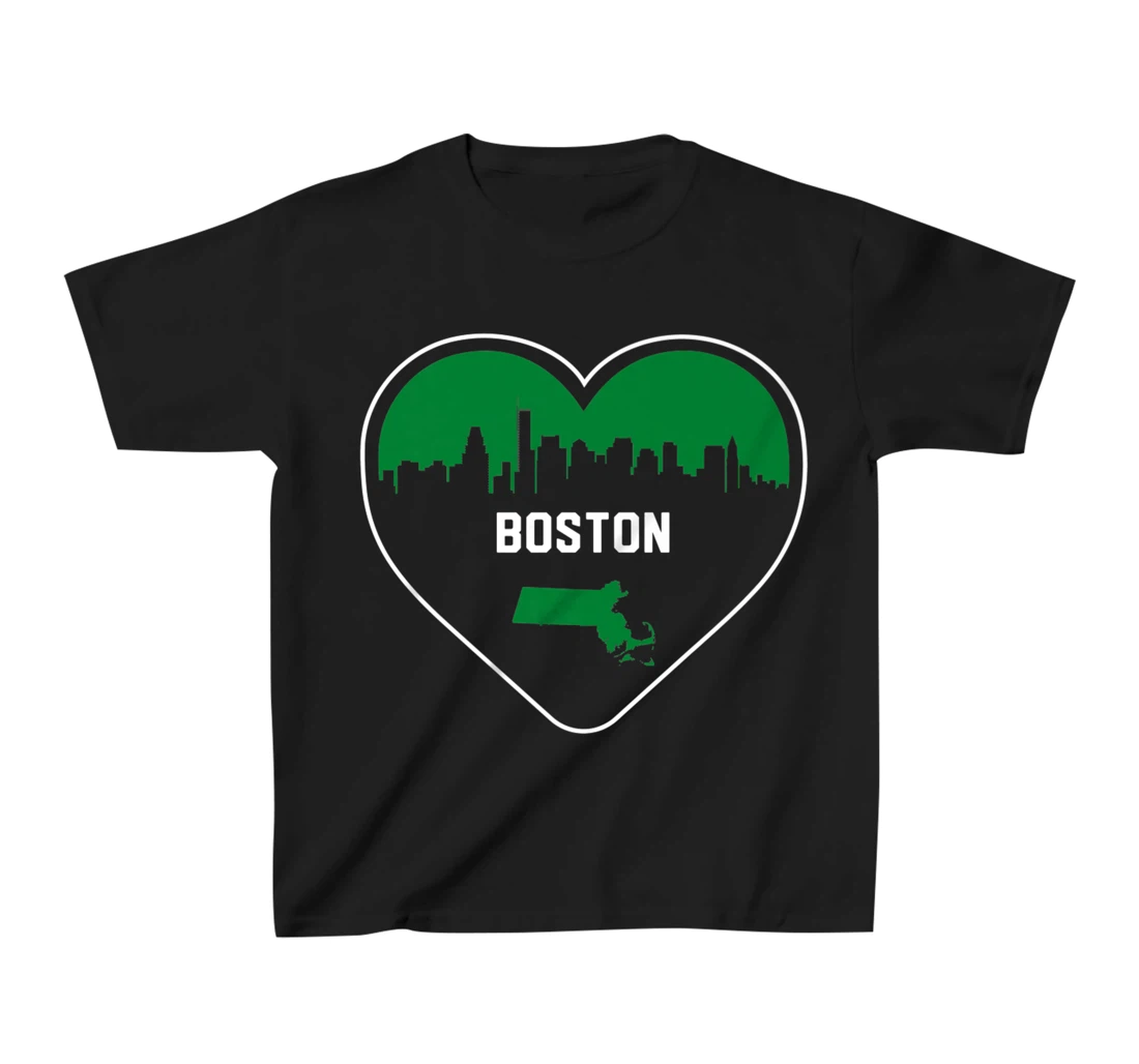 Cute Love Boston Cityscape Green Skyline Heart Design T-Shirt, Kid T-Shirt and Women T-Shirt