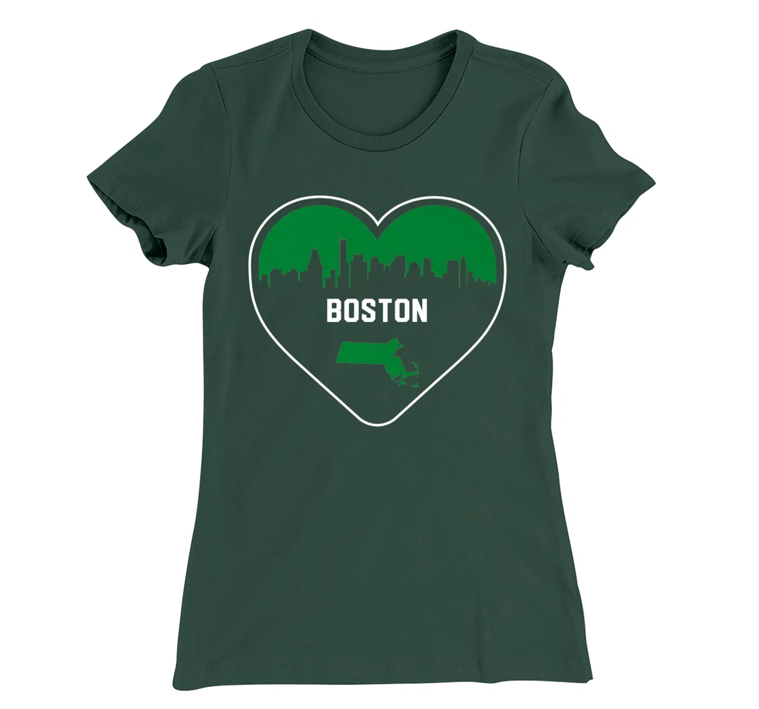 Cute Love Boston Cityscape Green Skyline Heart Design T-Shirt, Kid T-Shirt and Women T-Shirt