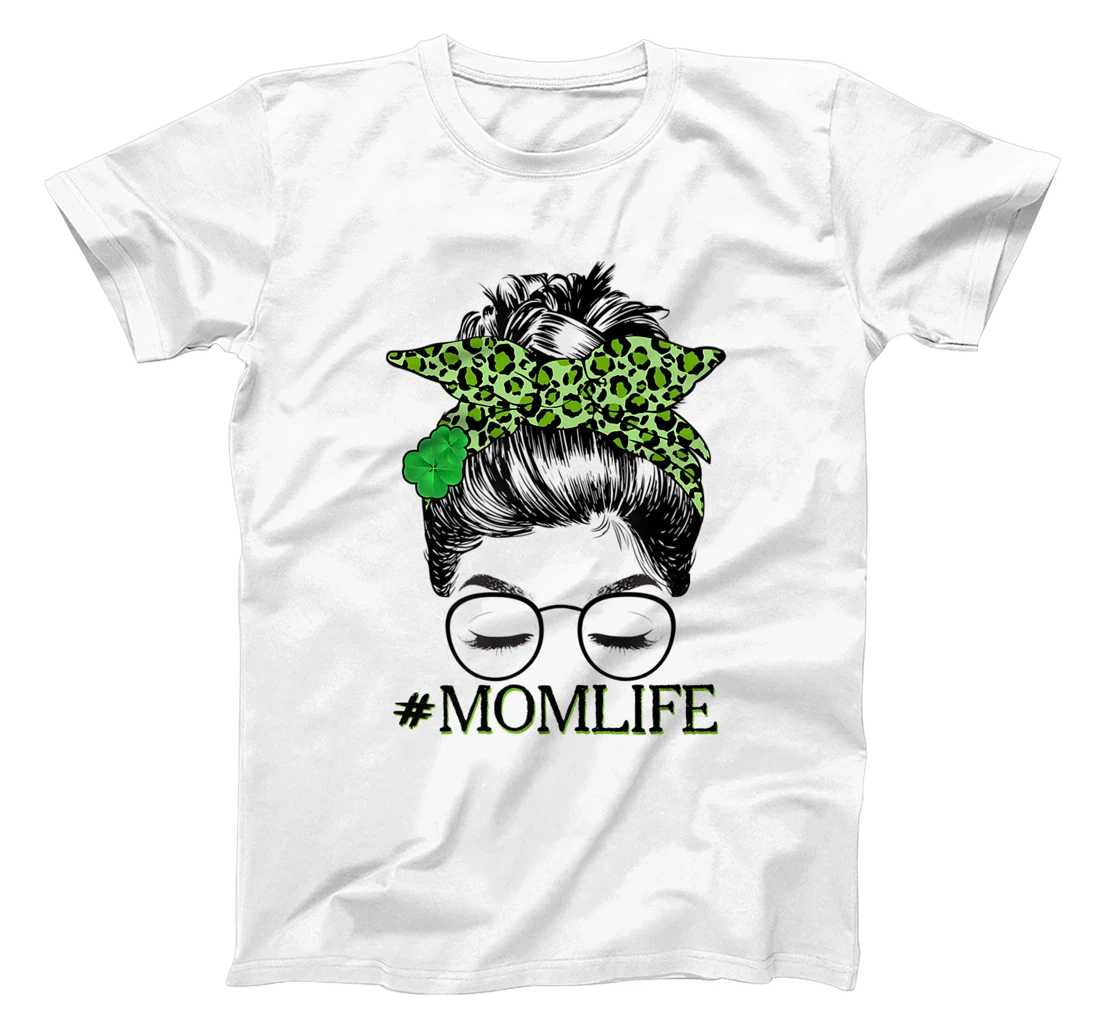 Mom Women Messy Bun St Patrick's Day Shamrock T-Shirt, Women T-Shirt