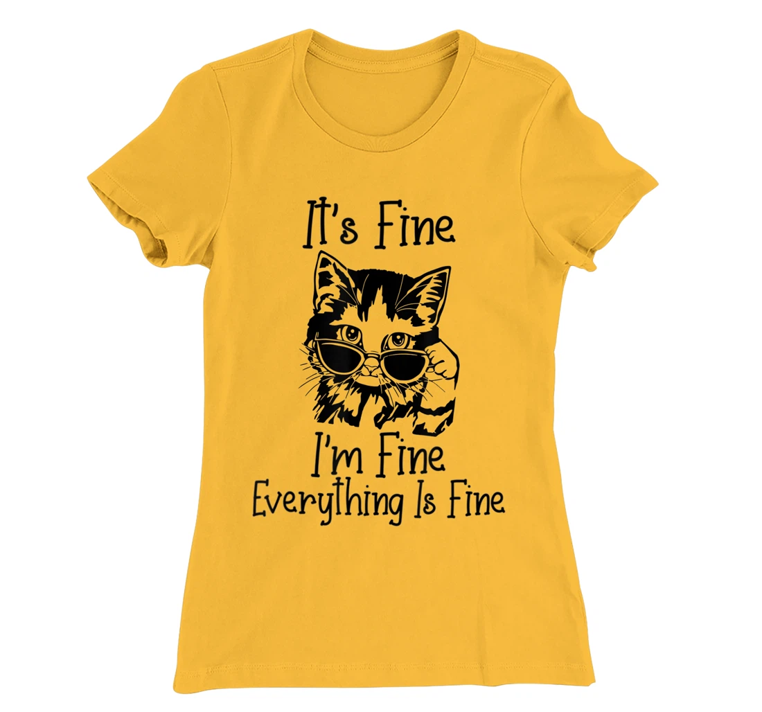 Womens It's Fine I'm Fine Everything Is Fine Funny Black Cat T-Shirt, Women T-Shirt