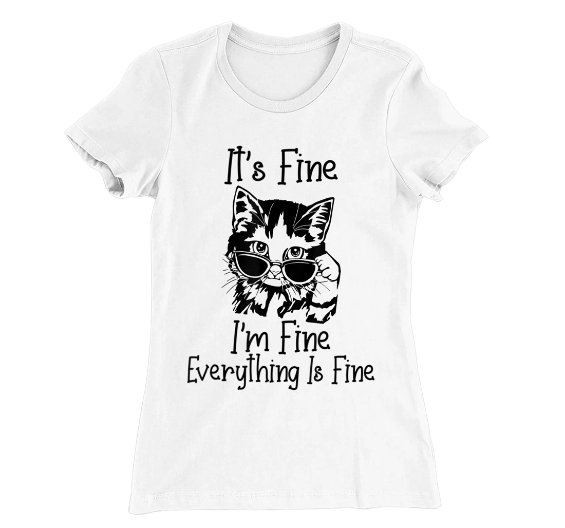 Womens It's Fine I'm Fine Everything Is Fine Funny Black Cat T-Shirt, Women T-Shirt
