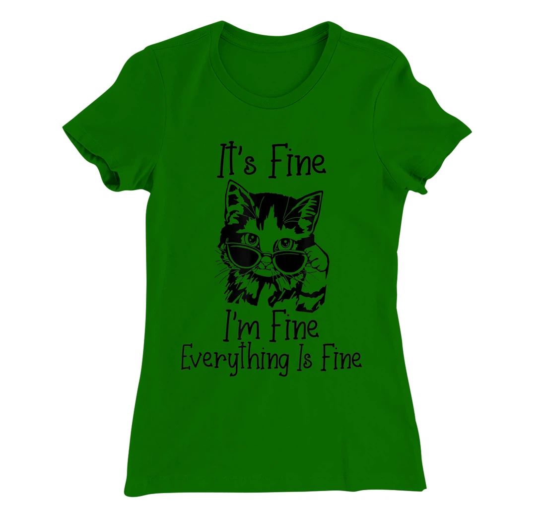 Womens It's Fine I'm Fine Everything Is Fine Funny Black Cat T-Shirt, Women T-Shirt