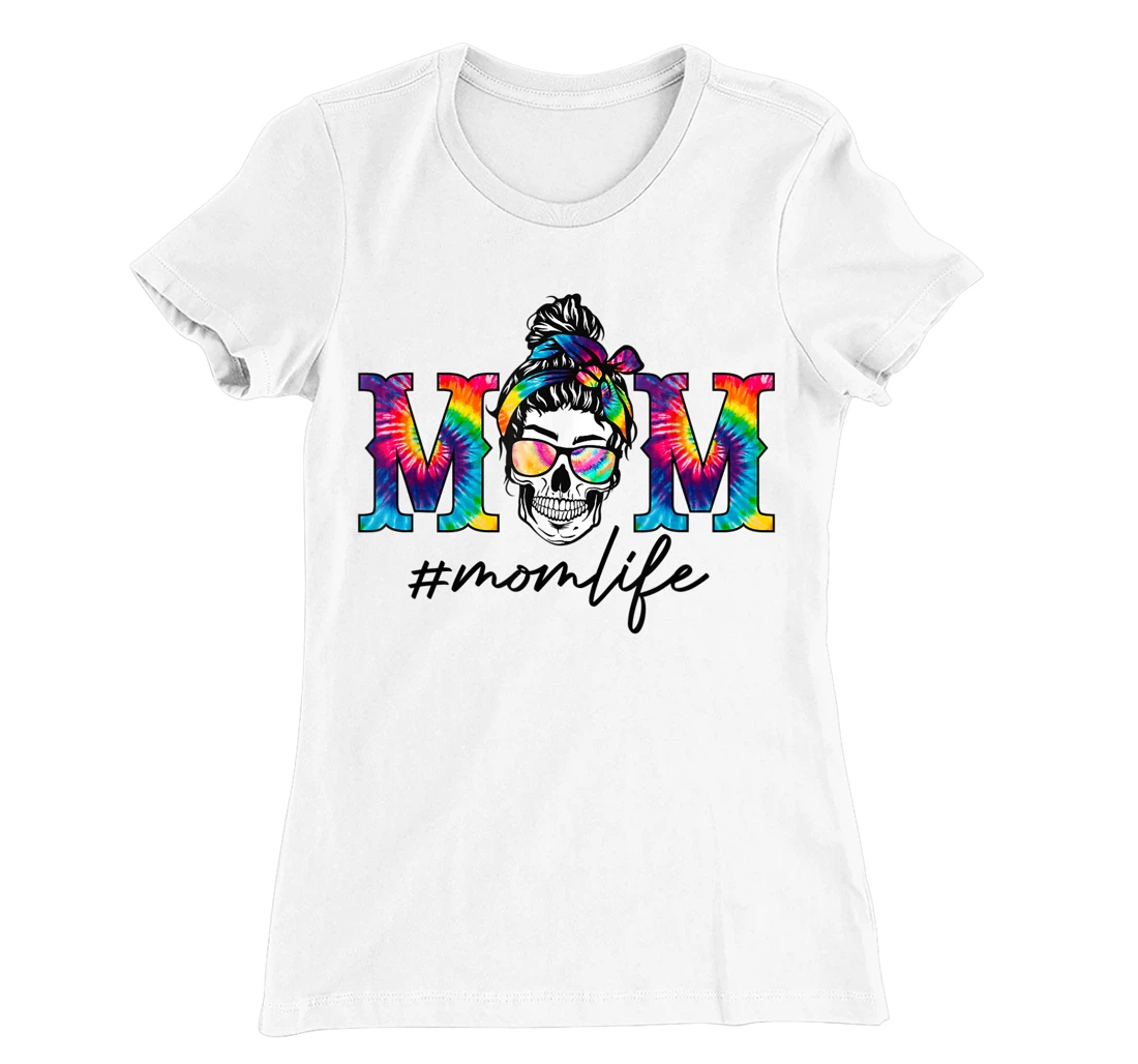 Womens Womens Funny Mom Life Tie Dye Print Skull Messy Bun Hair T-Shirt, Women T-Shirt
