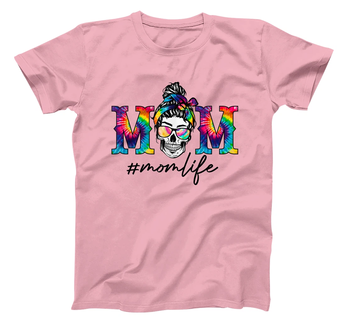 Womens Womens Funny Mom Life Tie Dye Print Skull Messy Bun Hair T-Shirt, Women T-Shirt
