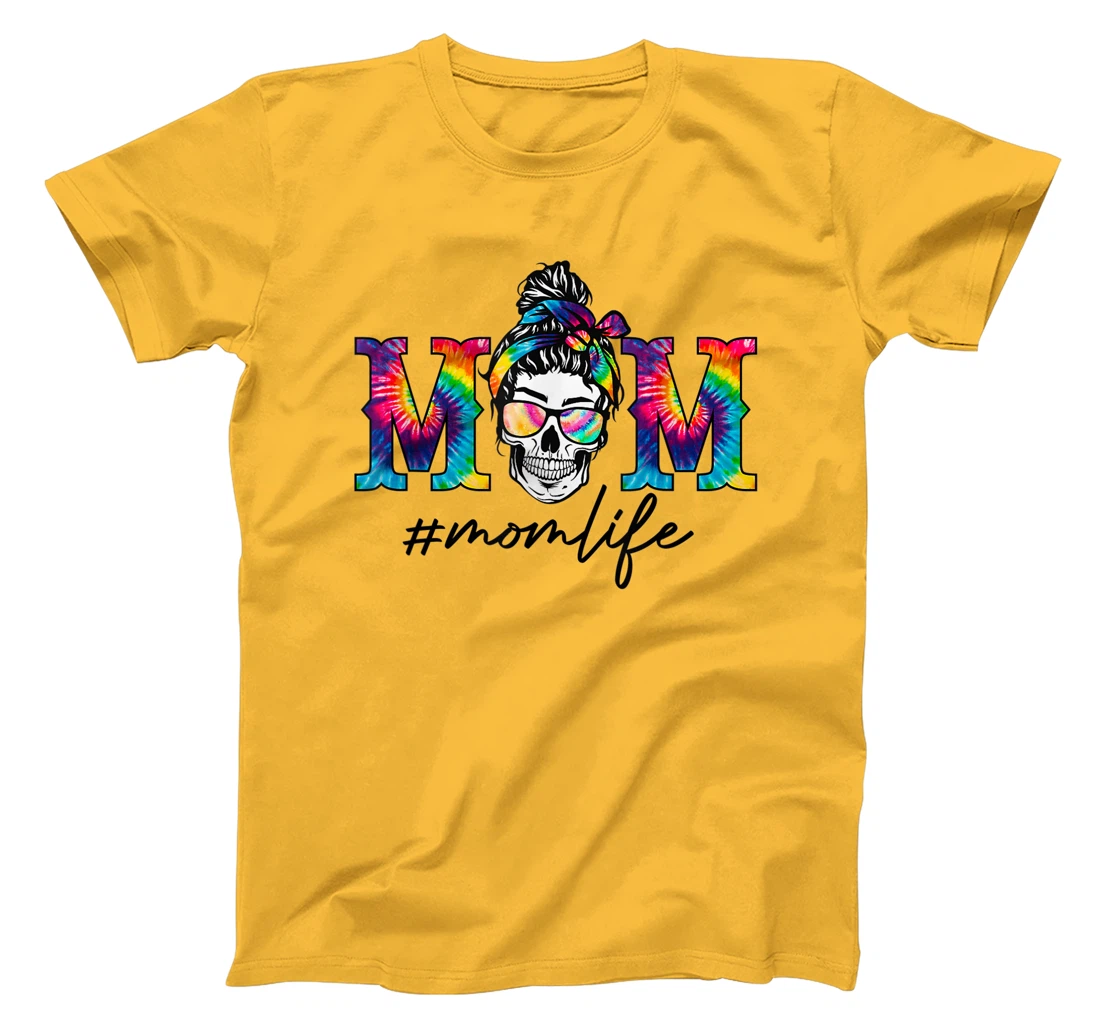 Womens Womens Funny Mom Life Tie Dye Print Skull Messy Bun Hair T-Shirt, Women T-Shirt