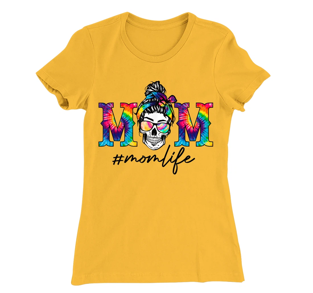 Womens Womens Funny Mom Life Tie Dye Print Skull Messy Bun Hair T-Shirt, Women T-Shirt
