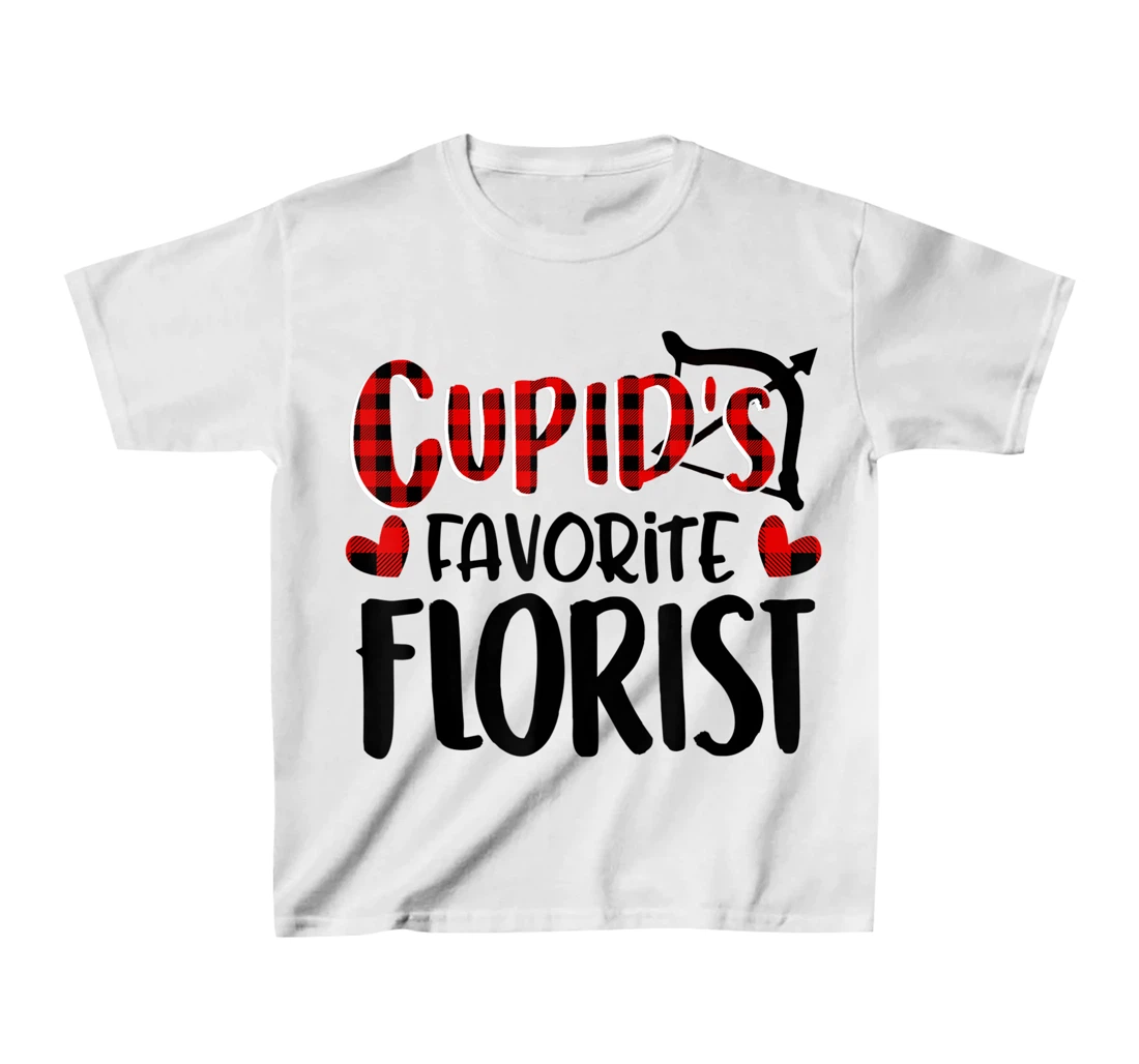 Womens Valentines Day Cupid's Favorite Florist Buffalo Plaid Gift T-Shirt, Kid T-Shirt and Women T-Shirt
