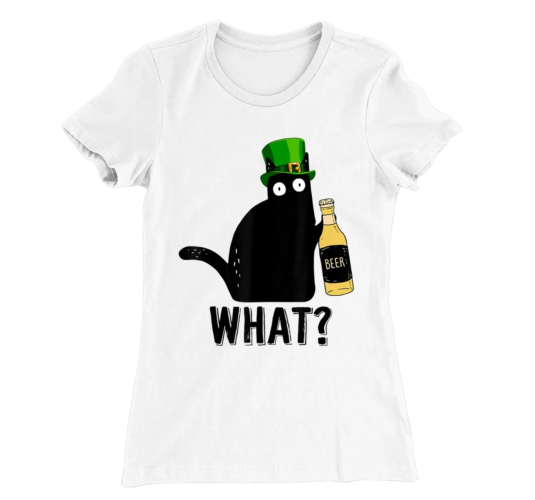 Womens Funny Black Cat St Patricks Day Shirt Pattys Day Cat What T-Shirt, Women T-Shirt