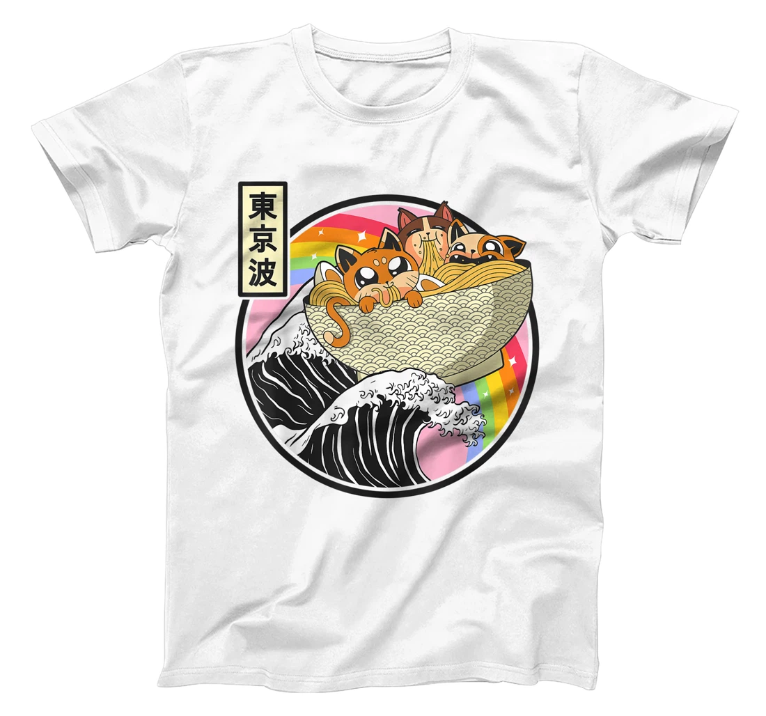 Womens Cute Cats Eating Ramen Kanagawa Wave Anime Vaporwave Kawaii T-Shirt, Kid T-Shirt and Women T-Shirt