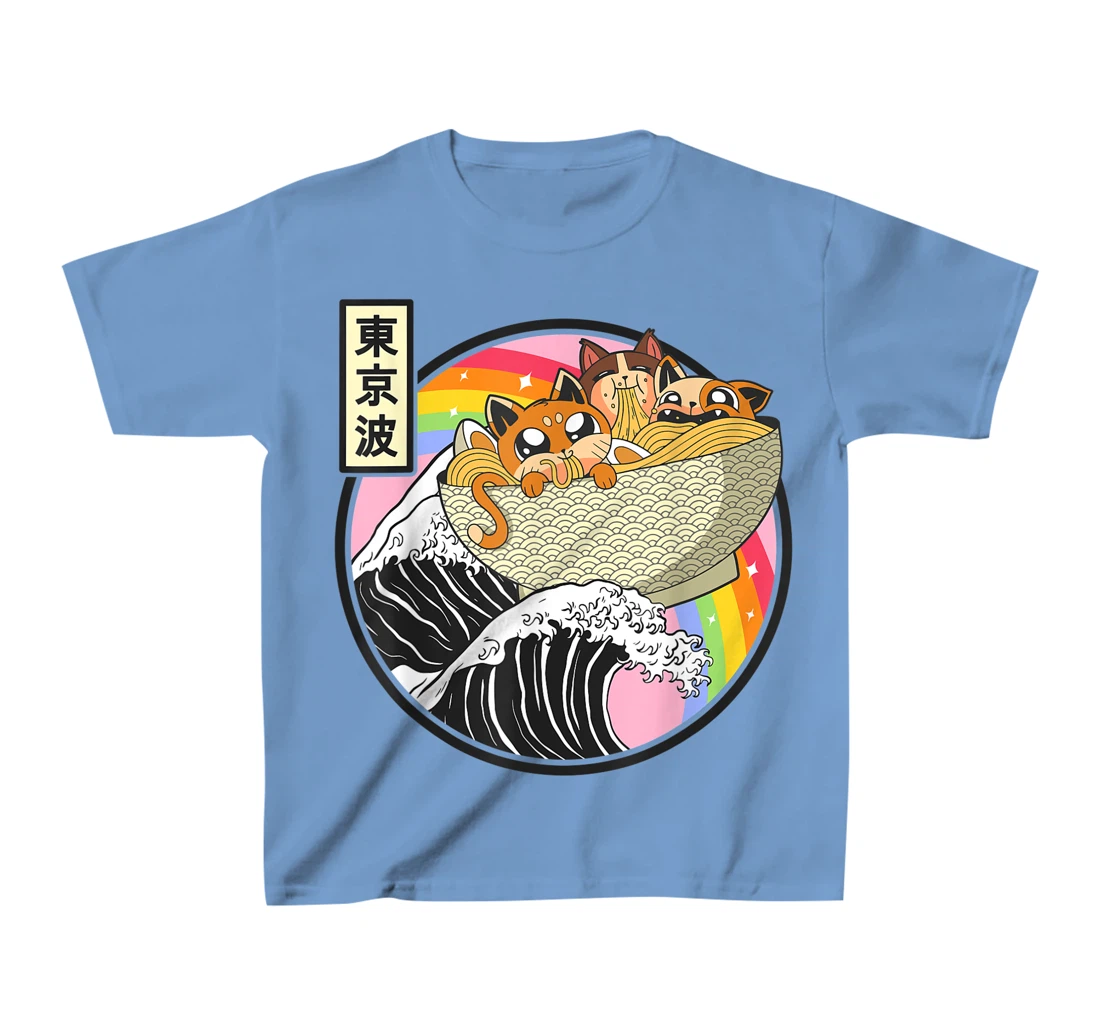 Womens Cute Cats Eating Ramen Kanagawa Wave Anime Vaporwave Kawaii T-Shirt, Kid T-Shirt and Women T-Shirt