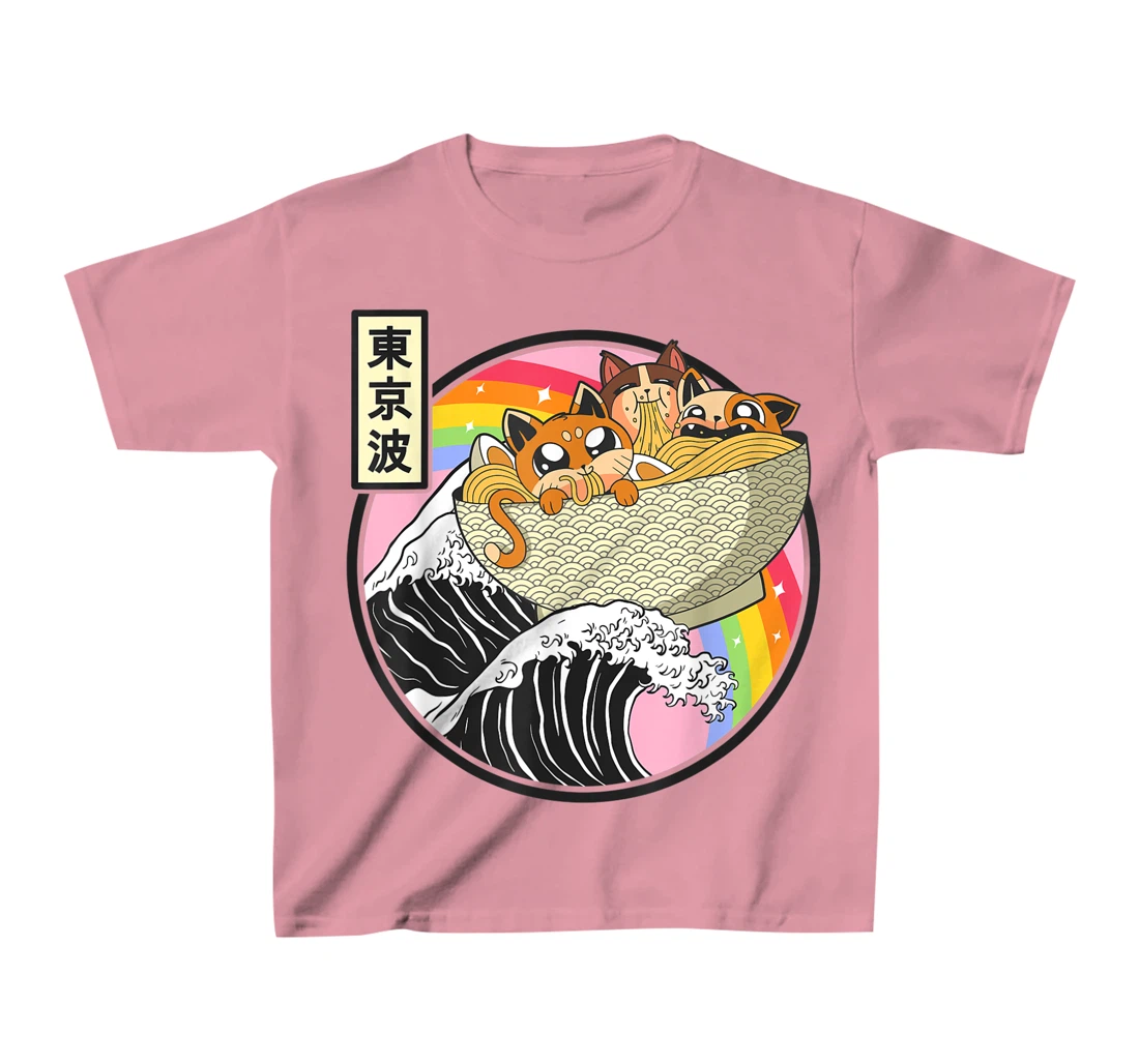 Womens Cute Cats Eating Ramen Kanagawa Wave Anime Vaporwave Kawaii T-Shirt, Kid T-Shirt and Women T-Shirt