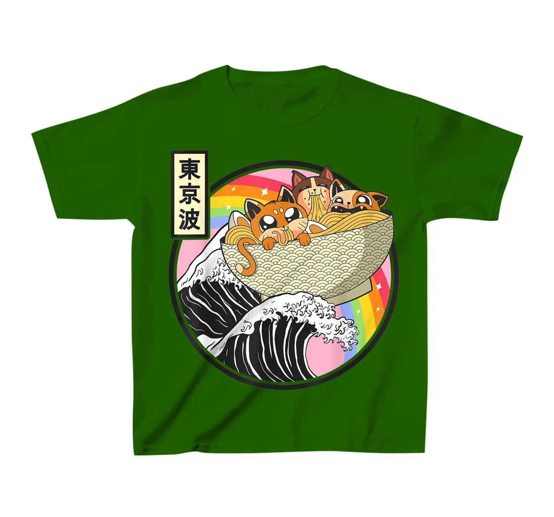Womens Cute Cats Eating Ramen Kanagawa Wave Anime Vaporwave Kawaii T-Shirt, Kid T-Shirt and Women T-Shirt