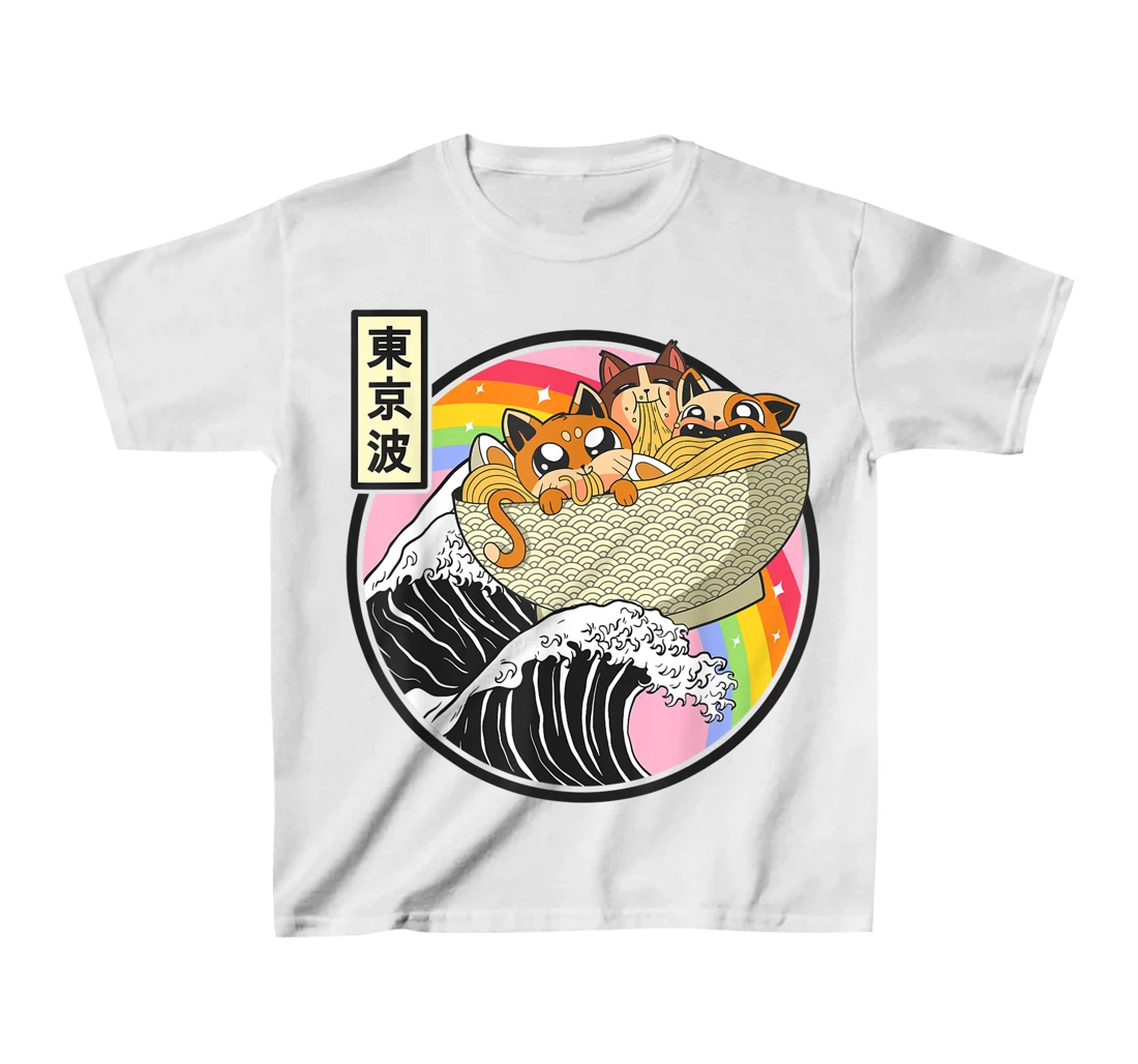 Womens Cute Cats Eating Ramen Kanagawa Wave Anime Vaporwave Kawaii T-Shirt, Kid T-Shirt and Women T-Shirt