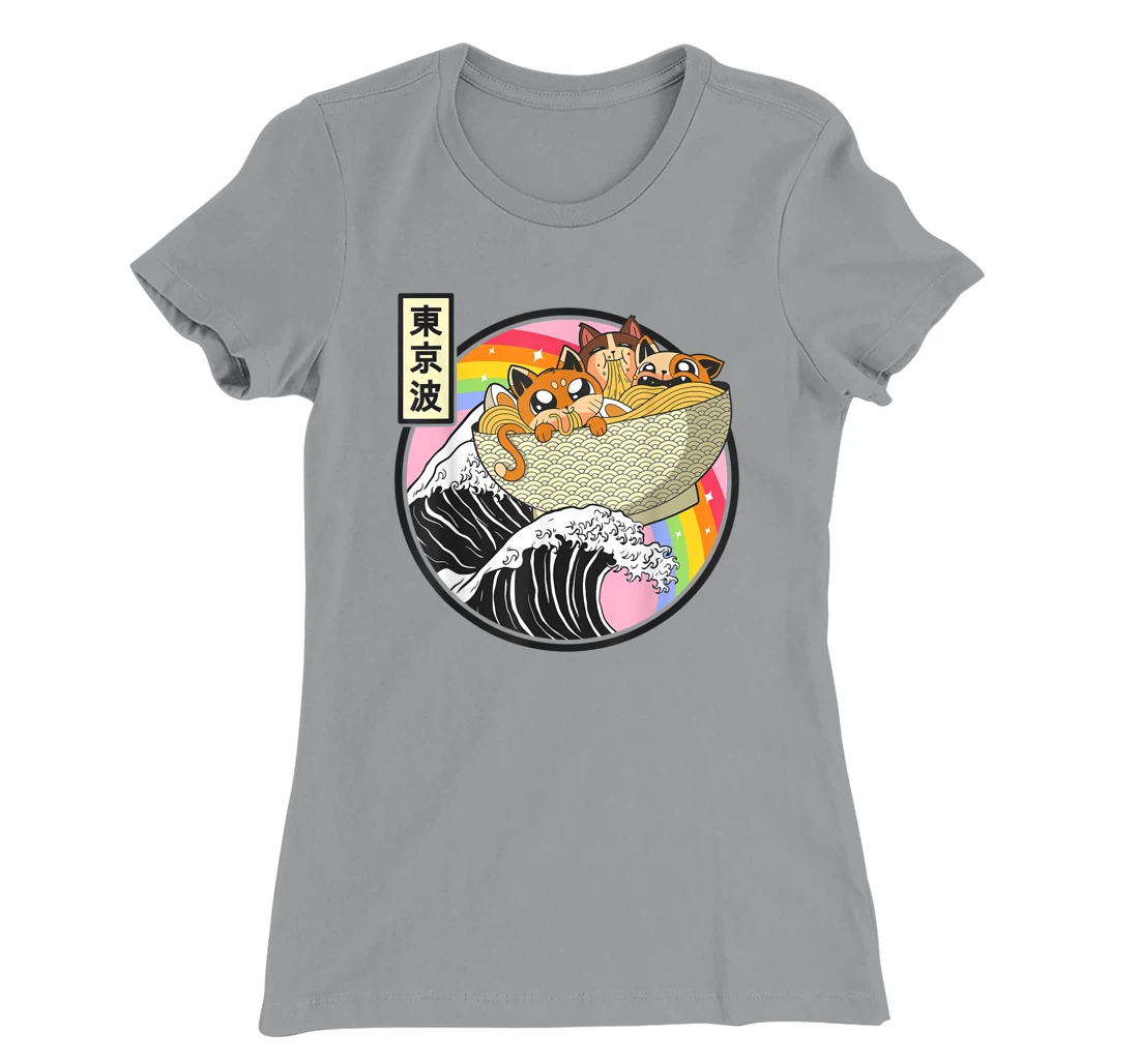 Womens Cute Cats Eating Ramen Kanagawa Wave Anime Vaporwave Kawaii T-Shirt, Kid T-Shirt and Women T-Shirt
