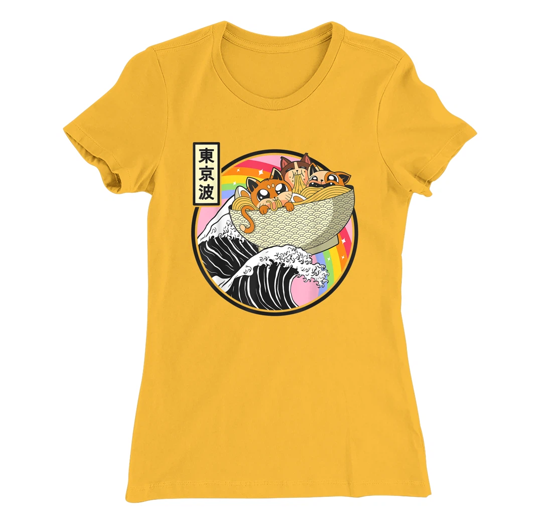 Womens Cute Cats Eating Ramen Kanagawa Wave Anime Vaporwave Kawaii T-Shirt, Kid T-Shirt and Women T-Shirt