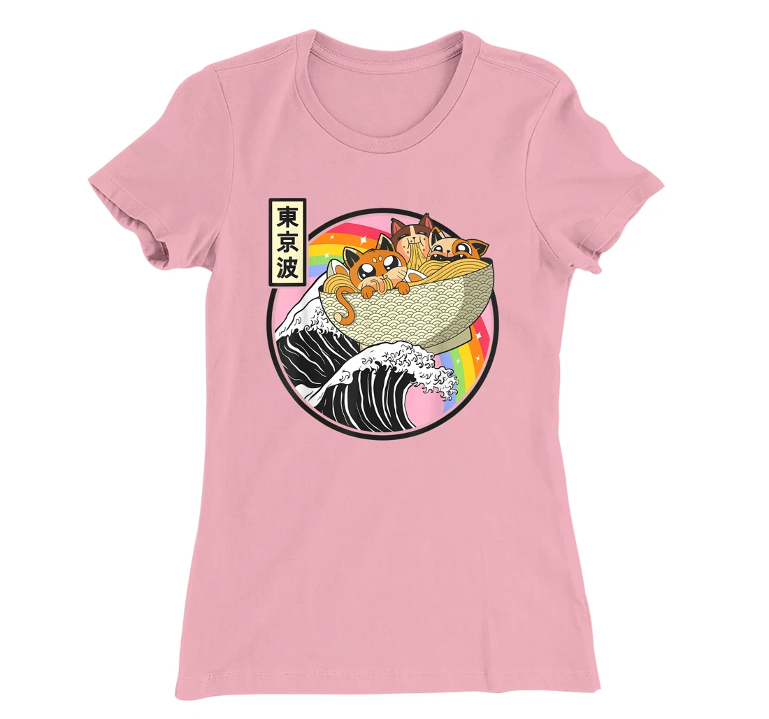 Womens Cute Cats Eating Ramen Kanagawa Wave Anime Vaporwave Kawaii T-Shirt, Kid T-Shirt and Women T-Shirt
