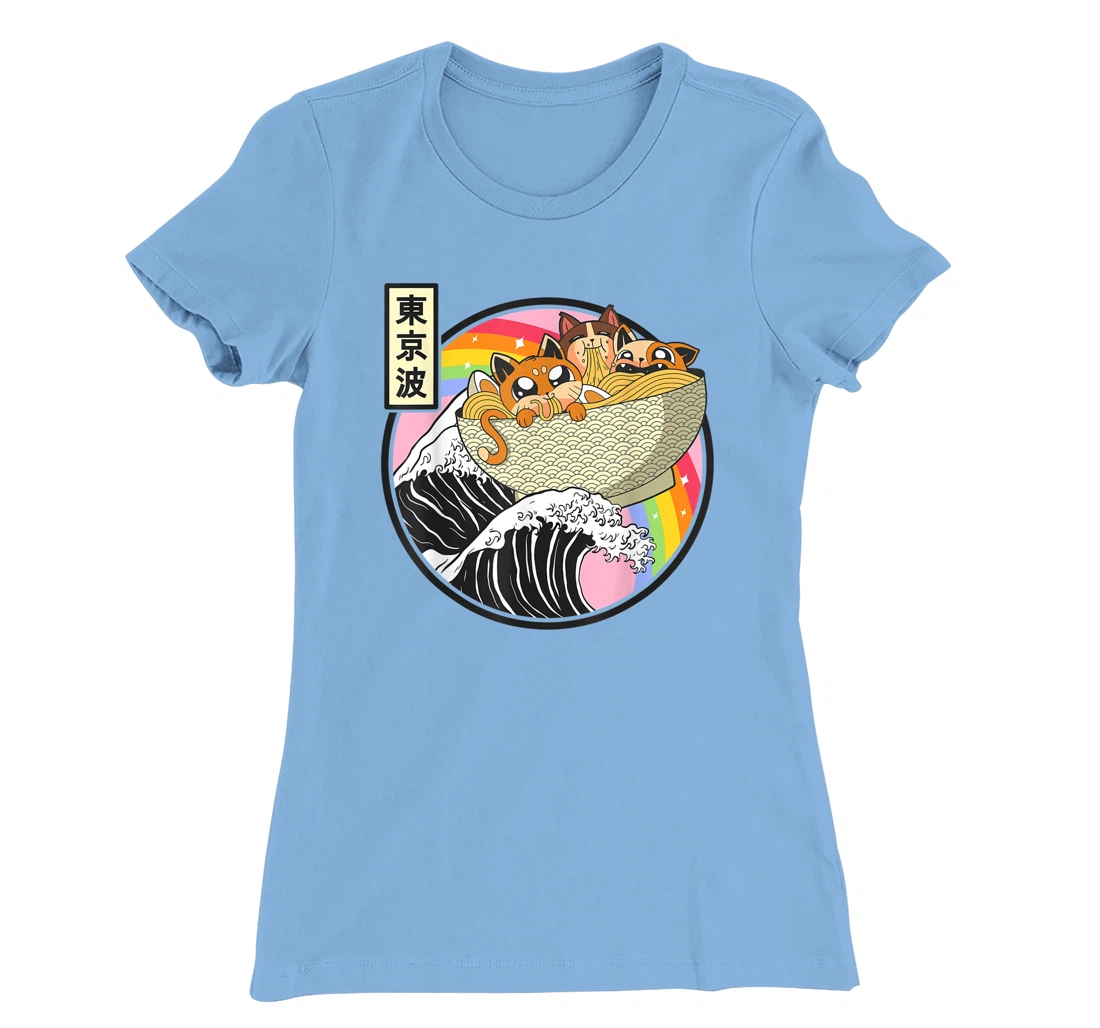 Womens Cute Cats Eating Ramen Kanagawa Wave Anime Vaporwave Kawaii T-Shirt, Kid T-Shirt and Women T-Shirt